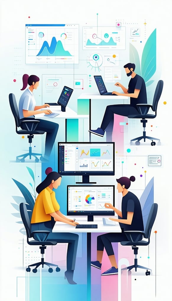 An abstract modern illustration of a design team transforming into an AIready team  people collaborating at desks with both traditional design tools eg wireframes Figma screens and AI elements eg code chatbots data visualisations Use a clean techforw-1